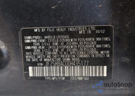 2013 Subaru Forester 2.5X from USA, damaged, VIN JF2SHBAC0DH435177